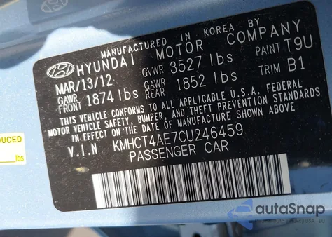 2012 Hyundai Accent Gls z USA, uszkodzony, nr VIN KMHCT4AE7CU246459